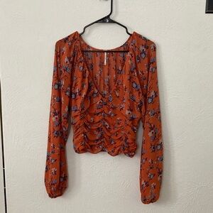 Free People Rust Floral Ruched Blouse